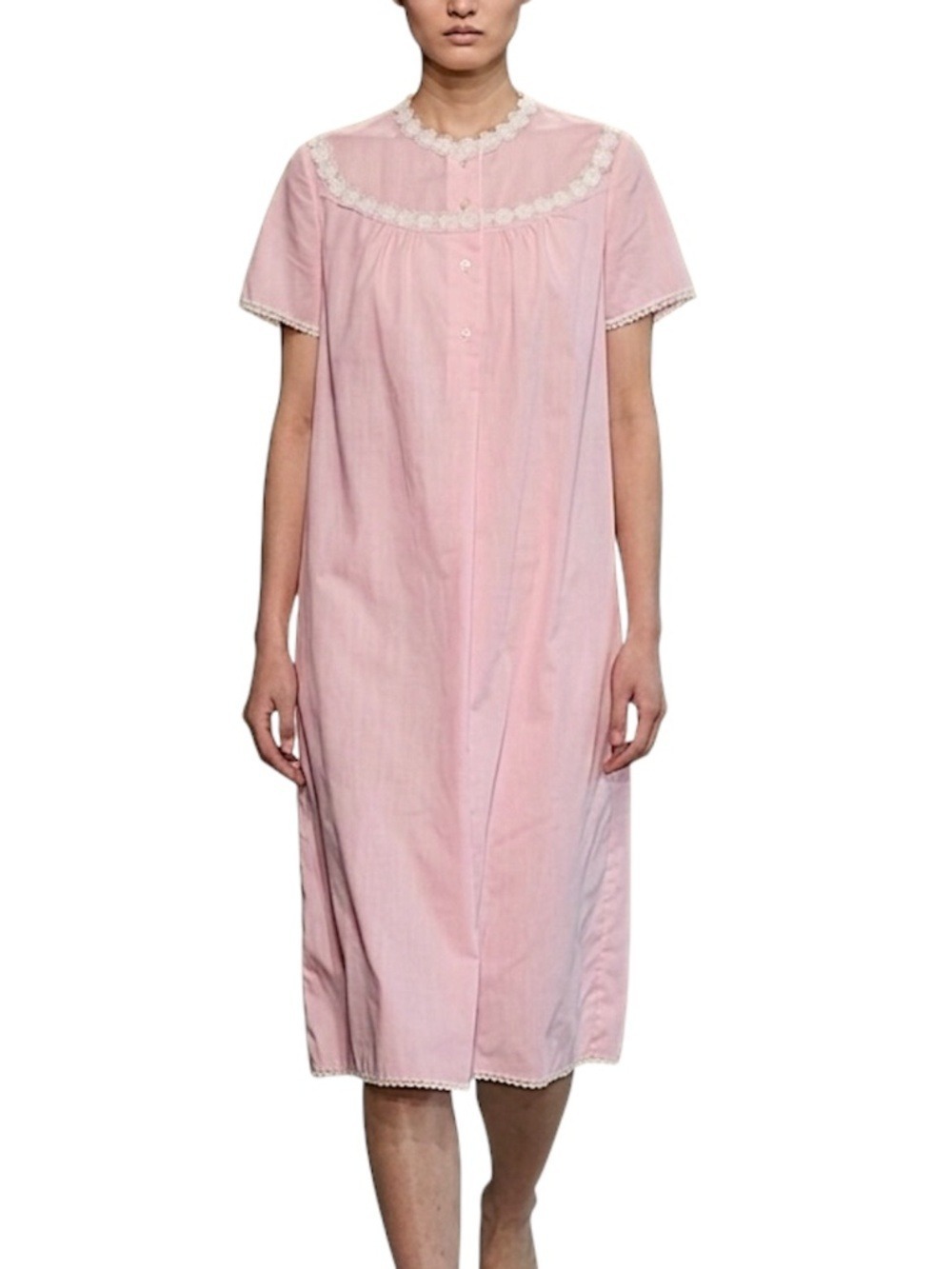 Vintage 70s 80s Pink White Lace trim boxy midi Nightgown house dress 46
